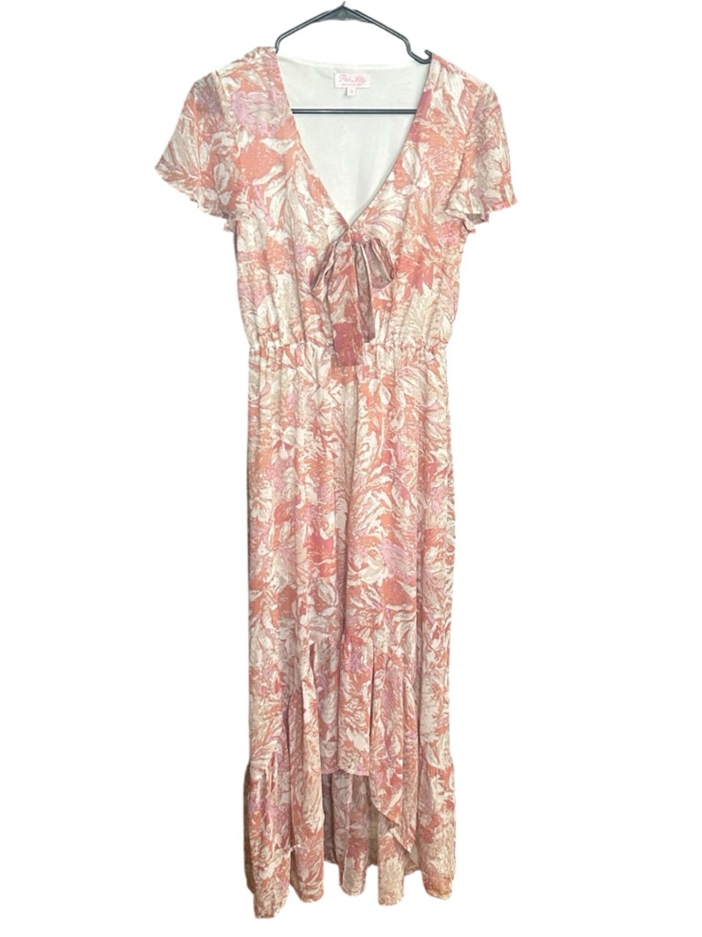 Pink Lily Peach-Pink Floral Tie-Front high/low Maxi Dress